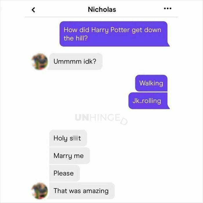 Text conversation showing a funny and unhinged dating app exchange with a Harry Potter joke and marriage proposal.