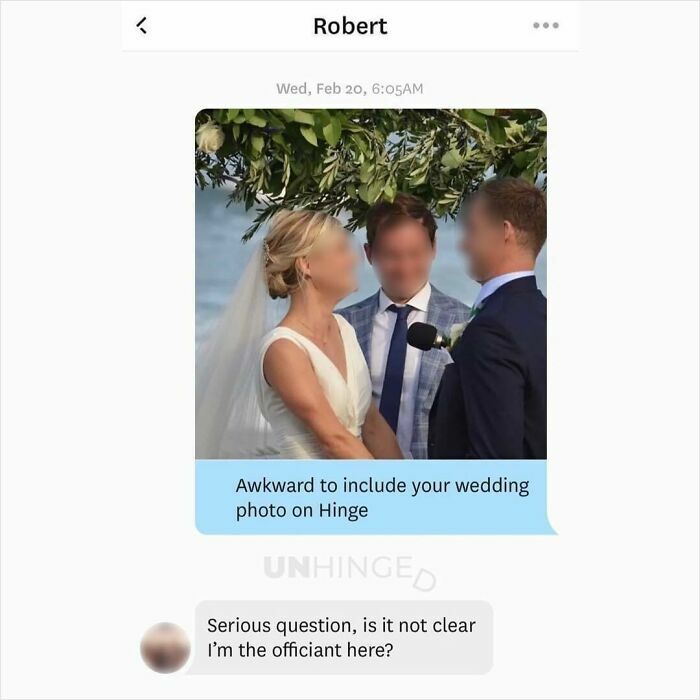 Screenshot of a dating app conversation showing a wedding photo with a humorous unhinged message.
