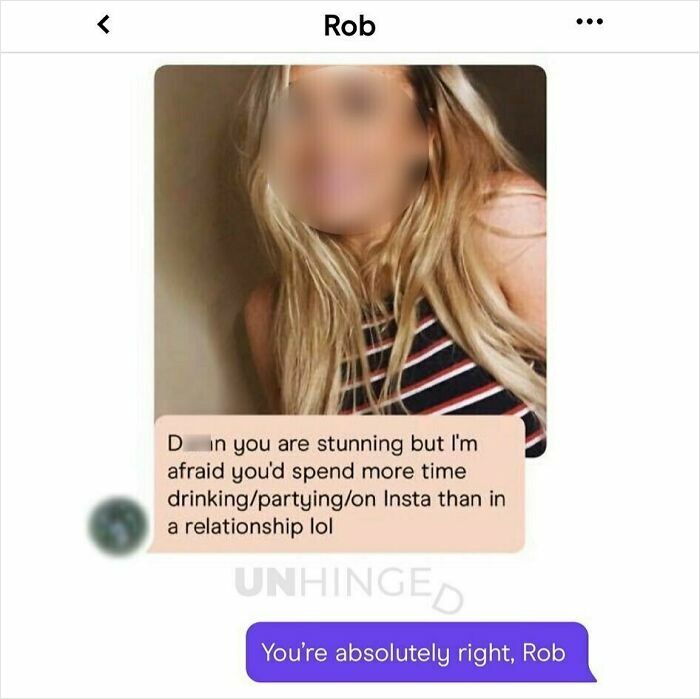 Screenshot of a hilarious and unhinged dating app conversation with playful messaging and a blurred profile photo.