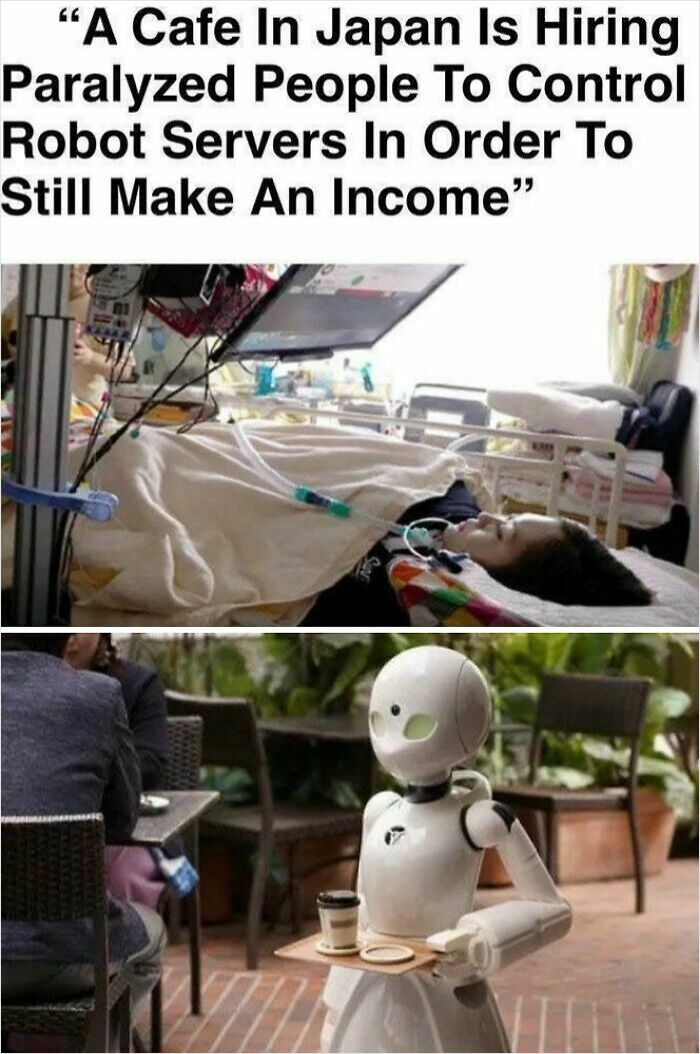 Alt text: Paralysed worker controlling robot servers in a Japanese cafe, highlighting jobs that should pay more from unsettling photos.