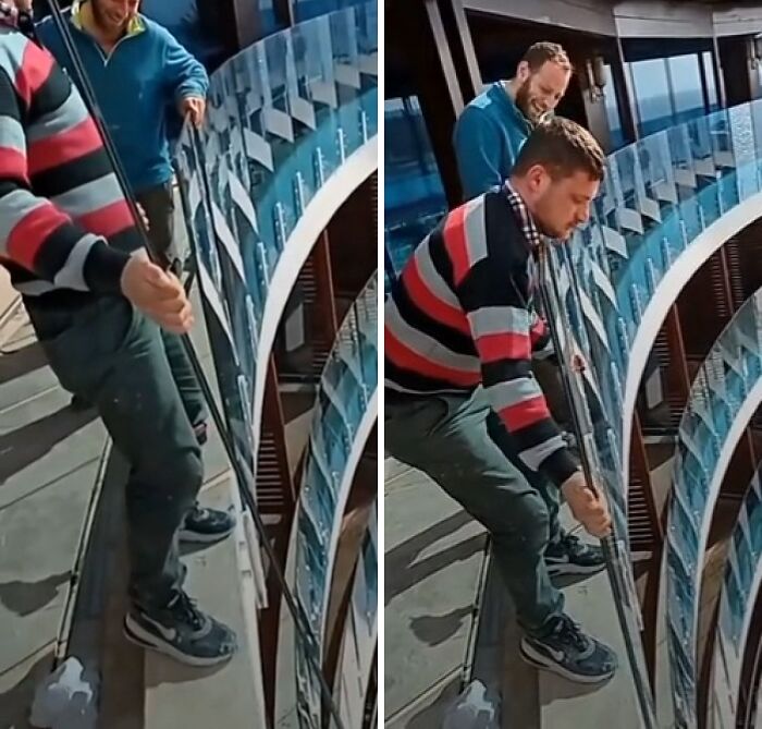 Two workers on a balcony stairwell taking unsettling photos highlighting jobs that should pay more based on creepy work scenes