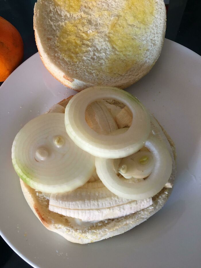 Open sandwich with banana slices and raw onion rings on a plain bun, an example of cursed and disgusting food.
