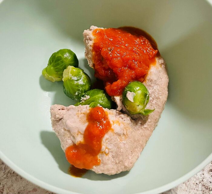 Disgusting food picture showing unappetizing meat with sauce and Brussels sprouts on a pale plate.