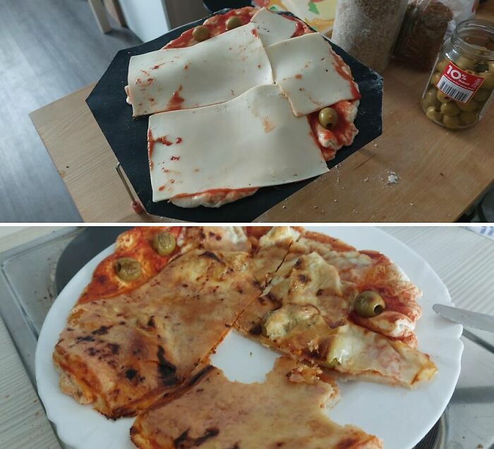 Unappetizing homemade pizza with unevenly melted cheese and green olives, showcasing cursed and disgusting food appearance.