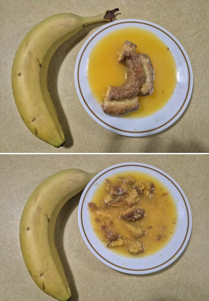 Two images showing a banana next to a plate with disgusting food and unappetizing liquid, cursed food picture.