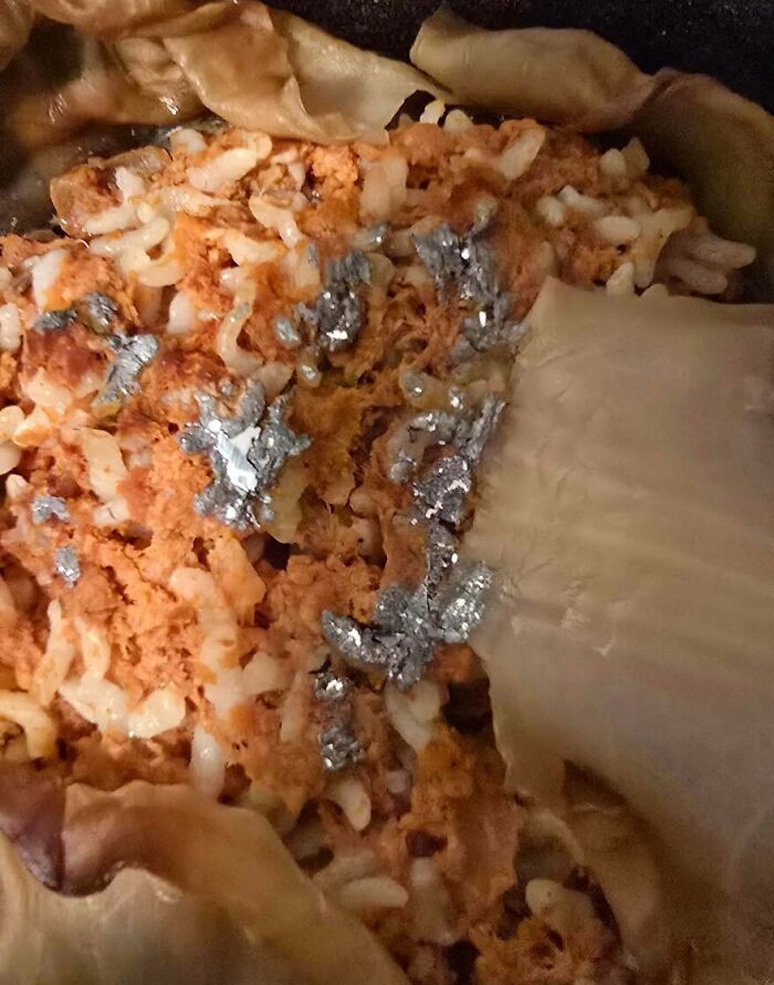 Close-up of cursed and disgusting food showing maggots and mold growth on decaying leftovers.