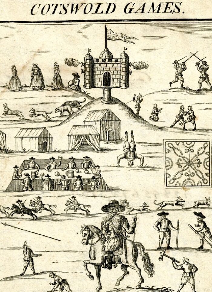 Vintage illustration depicting dangerous and unhinged historical sports with horseback riding, sword fighting, and hunting scenes.