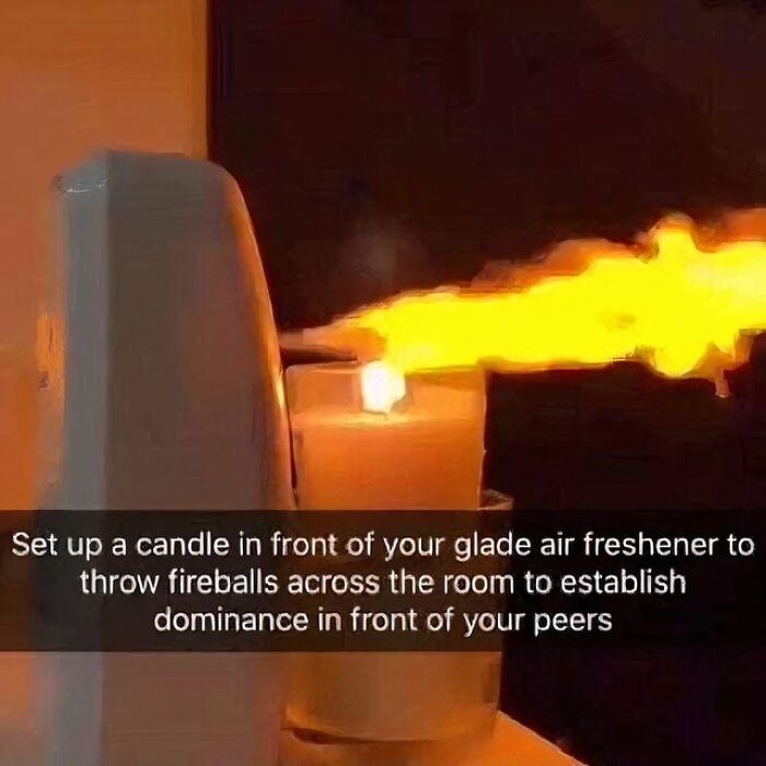 Candle placed in front of air freshener producing fireballs, a humorous meme for laughter and daily meme enjoyment.