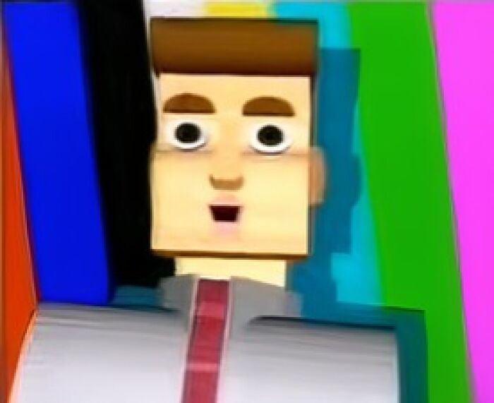 Animated character with unsettling expression and distorted features in a colorful background, creepy commercial theme.