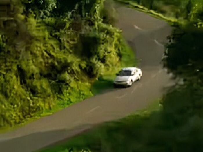 White car driving on a winding forest road, creating a mysterious and eerie atmosphere for creepy commercials.