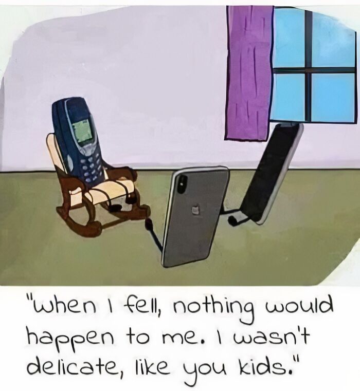 Cartoon of old ’90s phone sitting in rocking chair talking to modern smartphones, evoking ’90s posts nostalgia memories.