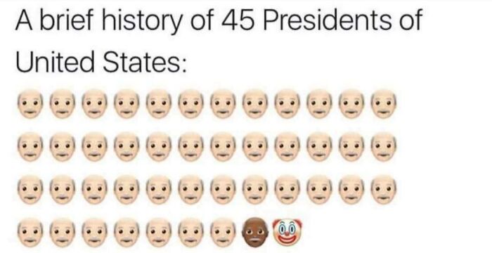 A meme using emojis humorously depicting the brief history of 45 US presidents for meme sharing and personality insight.