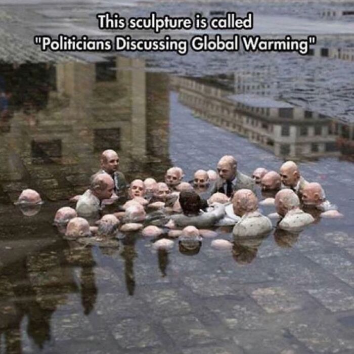 Sculpture titled Politicians Discussing Global Warming with figures submerged in water, powerful street art from around the world.