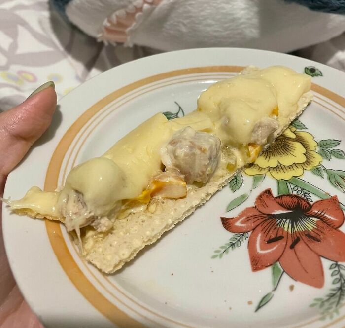 Slice of melted cheese and meat on a cracker, an example of cursed and disgusting pictures of food.