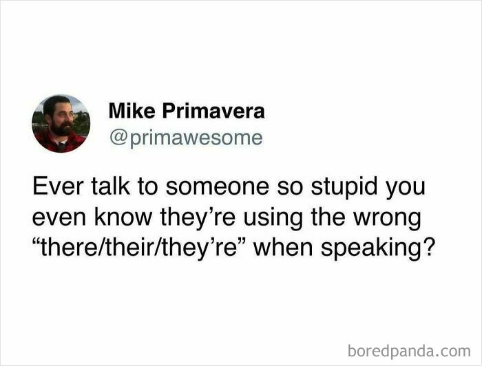 Tweet by Mike Primavera humorously discussing common grammar mistakes in hilarious prime awesome tweets.