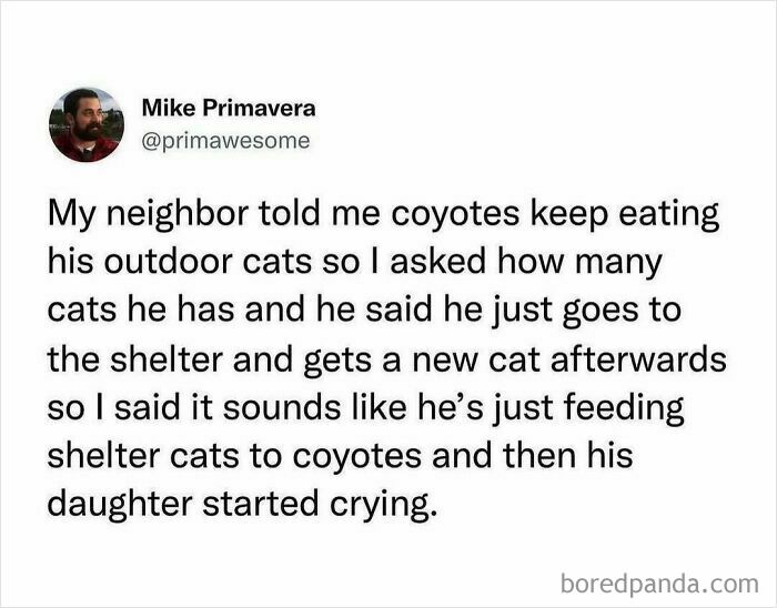 Tweet by Mike Primavera sharing a hilarious story about outdoor cats and coyotes, illustrating prime awesome humor online.
