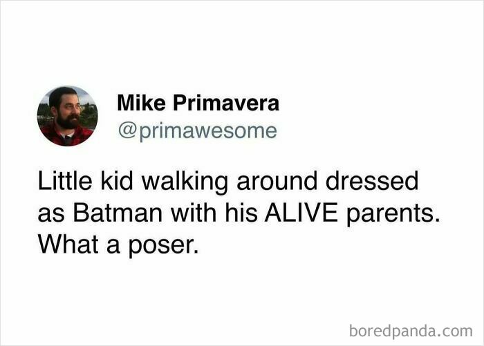 Tweet by Mike Primavera humorously mocking a kid dressed as Batman, featured in prime awesome hilarious tweets.