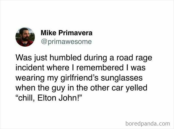 Funny Prime Awesome tweet about a road rage incident and mistaken identity involving sunglasses and Elton John.