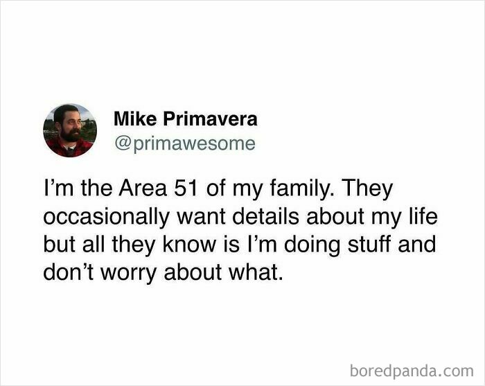 Tweet by Mike Primavera humorously describing himself as the Area 51 of his family, shared in hilarious Prime Awesome tweets.