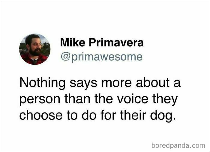 Tweet from Mike Primavera about how the voice people use for their dog reveals personality, featured in prime awesome tweets.