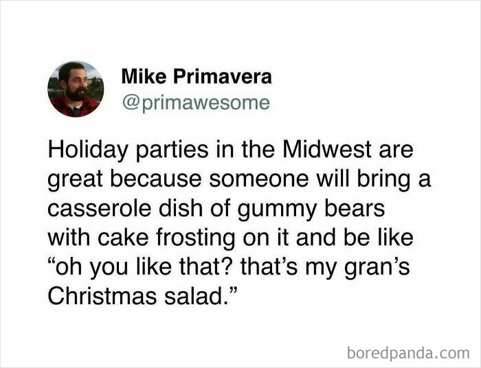 Tweet about Midwest holiday parties and unique dishes, featured in hilarious prime awesome tweets collection.