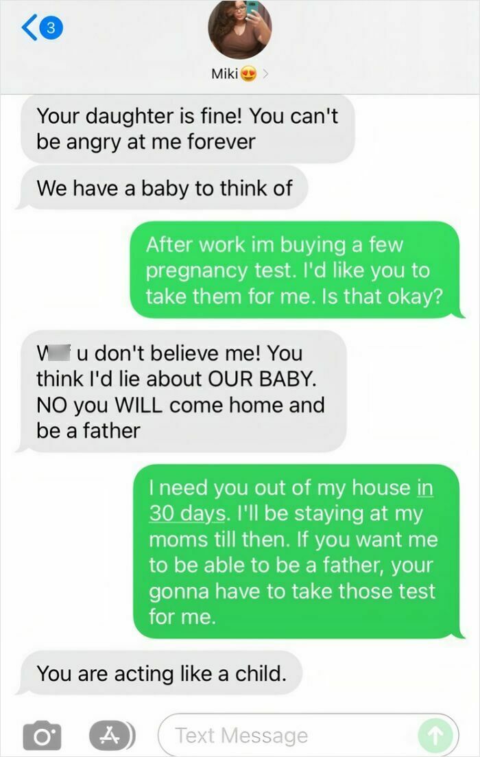 Text message conversation showing unhinged things women said about a baby and pregnancy tests in a tense exchange.