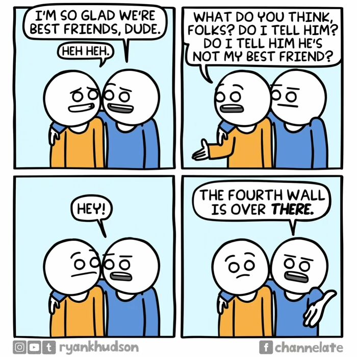 Comic panel from funny and dark comics showing two characters breaking the fourth wall with unexpected dialogue and expressions.