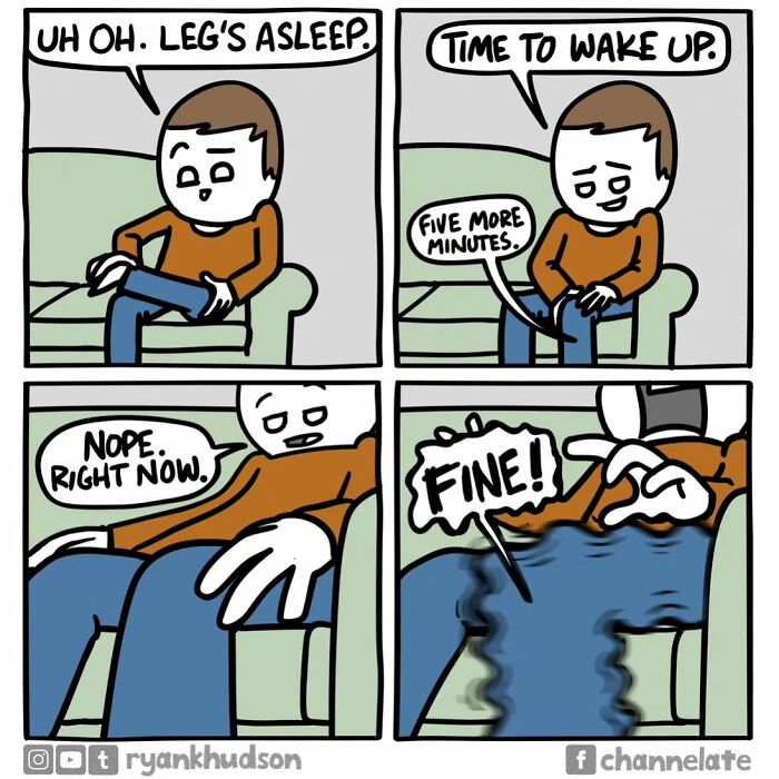 Comic strip by Ryan Hudson showing a funny dark comic with an unexpected ending about a leg falling asleep.