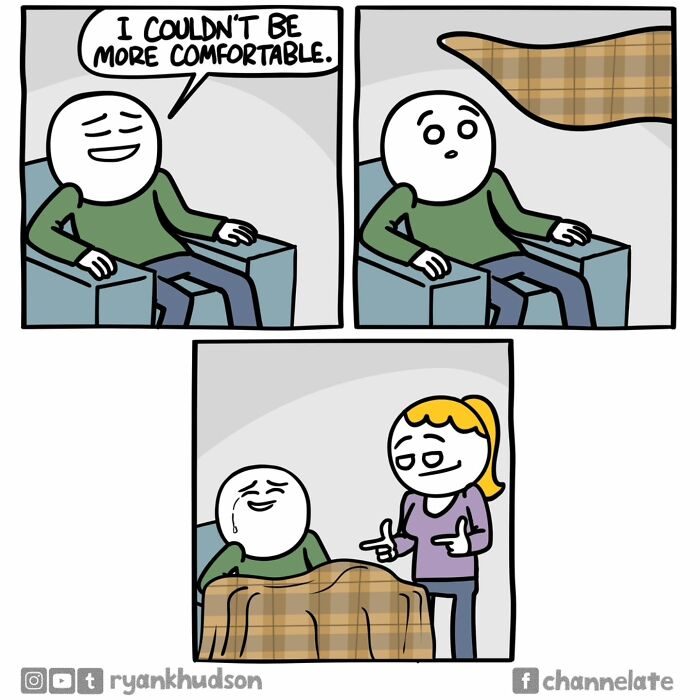 Comic from 50 funny and dark comics showing a character feeling comfortable under a blanket with an unexpected twist.