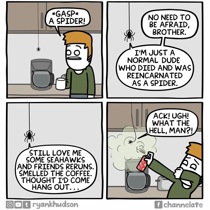 A funny and dark comic showing a man scared of a spider revealing an unexpected ending with reincarnation.