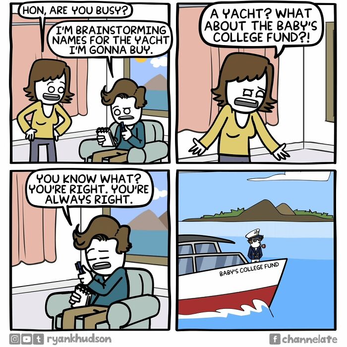 Couple in a dark comic discussing yacht names with a twist ending showing a yacht named Baby's College Fund.