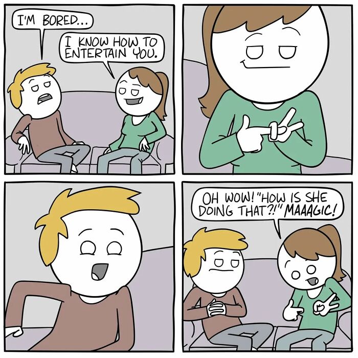 Comic strip showing a humorous and dark interaction with unexpected endings in a funny comic style by Ryan Hudson.