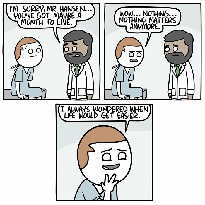 Comic panel showing a doctor telling a patient he has a month to live in a funny and dark comic with an unexpected ending.