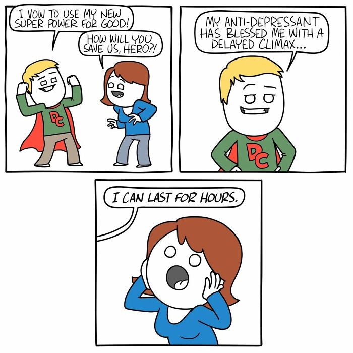 Comic panel depicting a superhero with delayed climax power and a shocked woman, illustrating dark comics with unexpected endings.