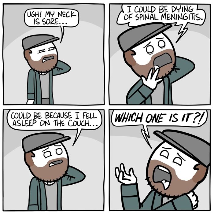 Comic strip by Ryan Hudson shows a bearded man with a cap debating if his sore neck is serious or from sleeping on the couch.