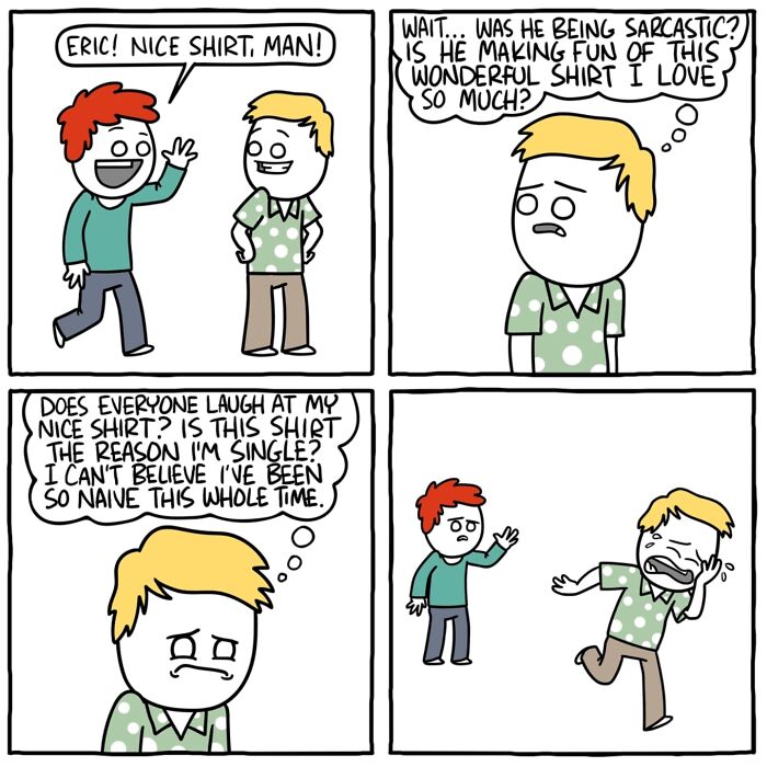Comic strip showing a man doubting a compliment on his shirt, from funny and dark comics with unexpected endings.