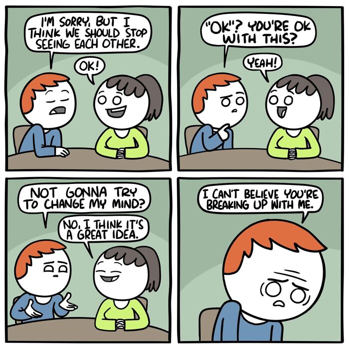 Funny and dark comic strip showing a surprising breakup conversation with unexpected endings by Ryan Hudson.