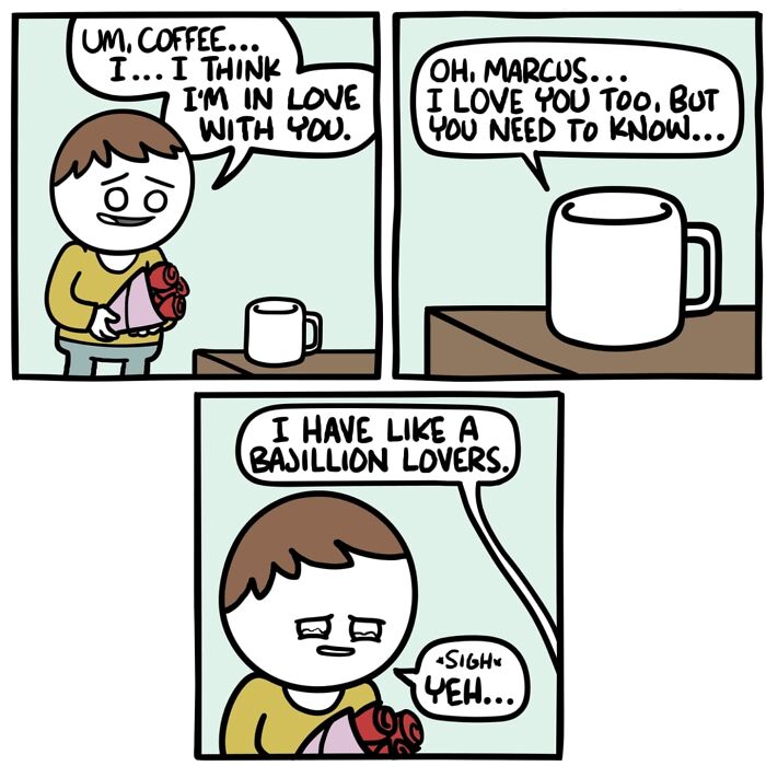 Comic strip showing a person confessing love to coffee, highlighting dark humor in funny comics with unexpected endings.
