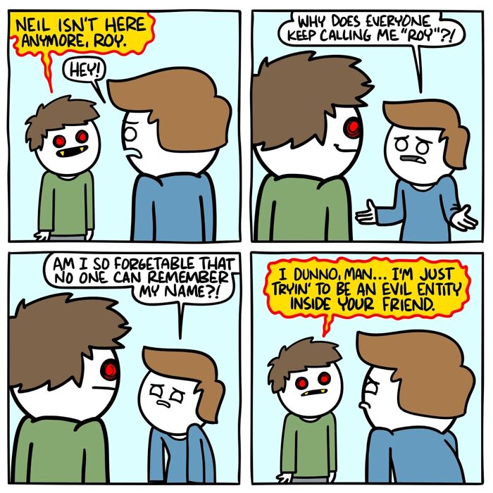 Comic strip by Ryan Hudson showing a dark, funny interaction with an unexpected ending between two characters.