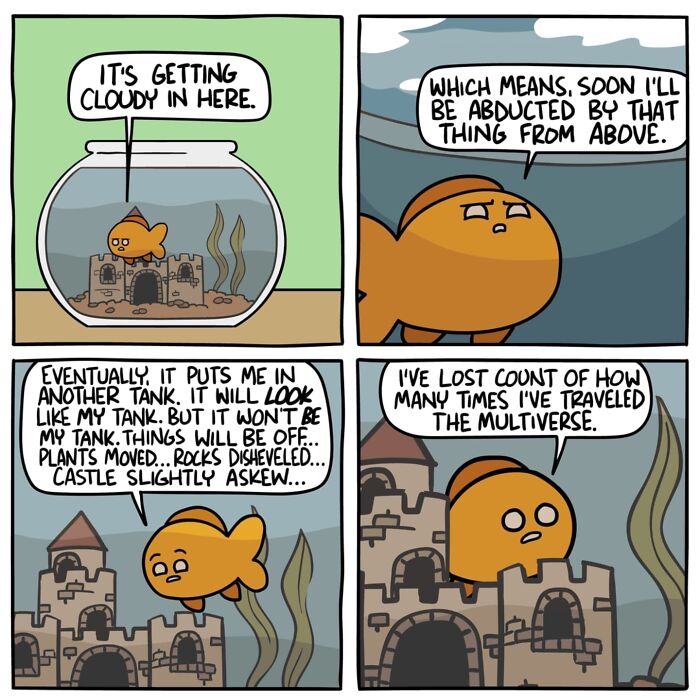 Funny and dark comic by Ryan Hudson featuring a goldfish in a tank discussing multiverse travel and abduction fears.