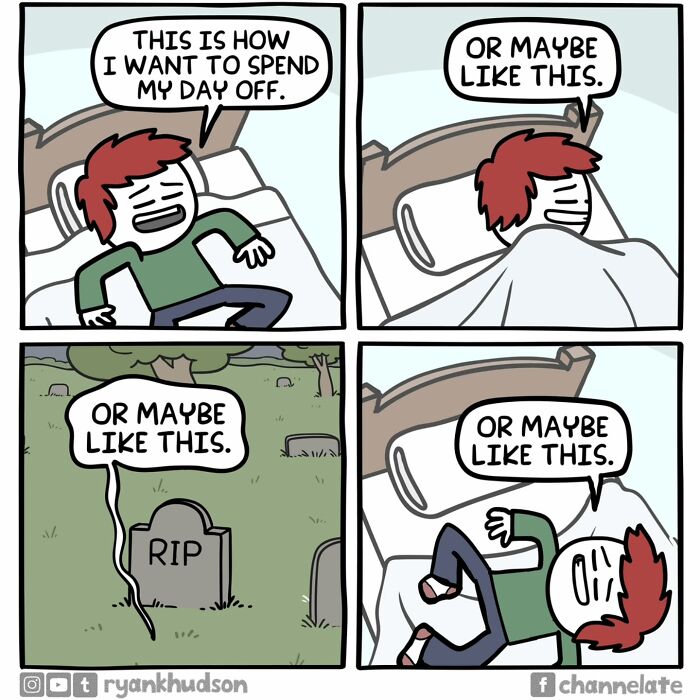 Comic panels showing a man spending his day off in bed or lying in a graveyard, featuring dark humor and unexpected endings.