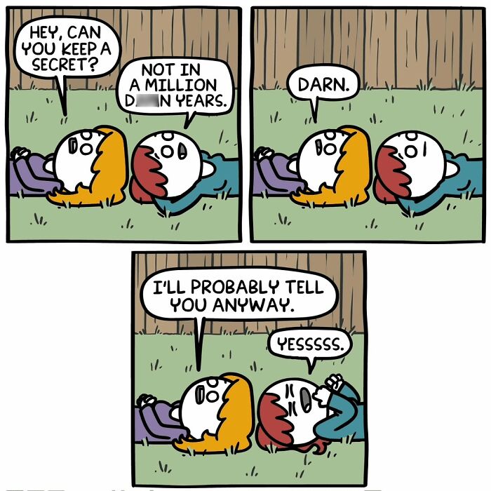 Two cartoon characters lying on grass in a dark comic with an unexpected ending by Ryan Hudson.