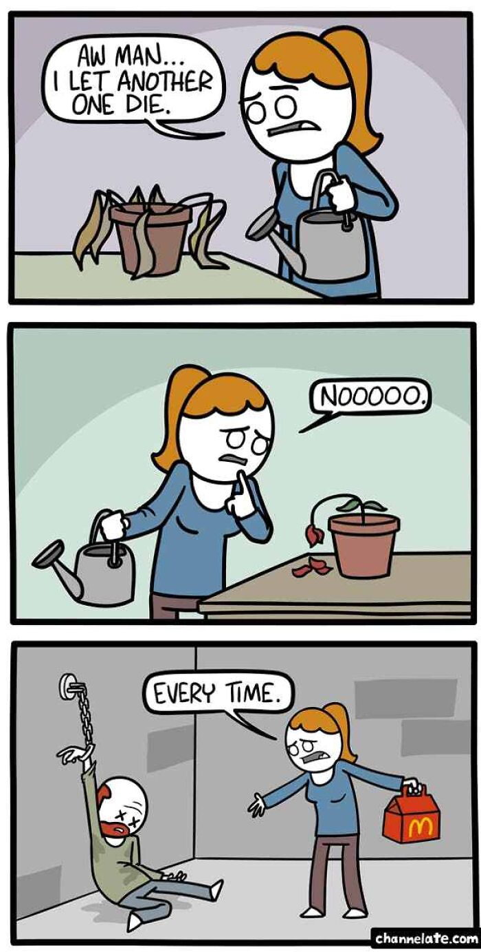 Comic panel of a woman watering plants and reacting sadly to a dark and funny unexpected ending.