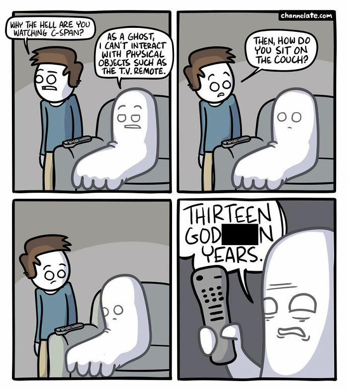 Comic featuring a ghost struggling with a TV remote, showcasing funny and dark comics with unexpected endings.