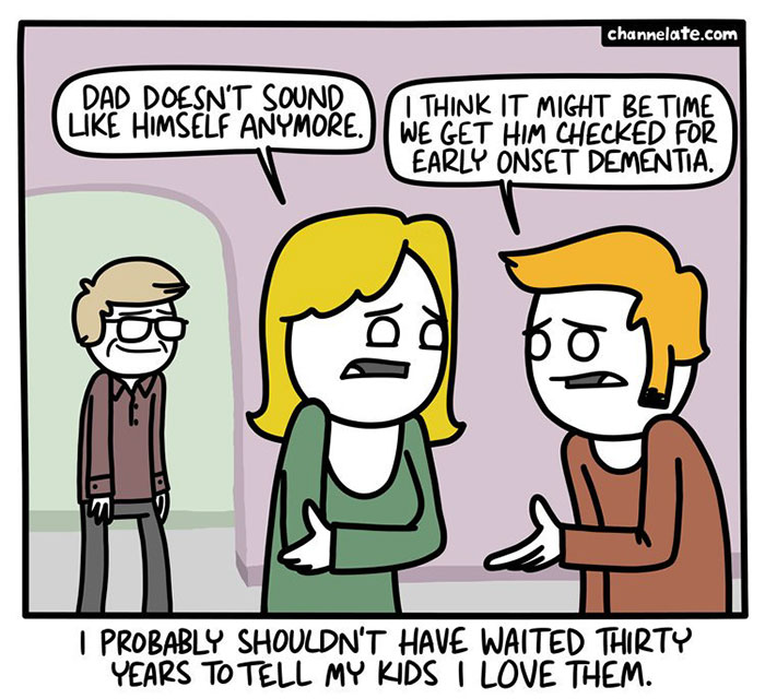 Dark comic panel showing worried adults discussing early onset dementia with an elderly man, featuring dark humor and unexpected endings.