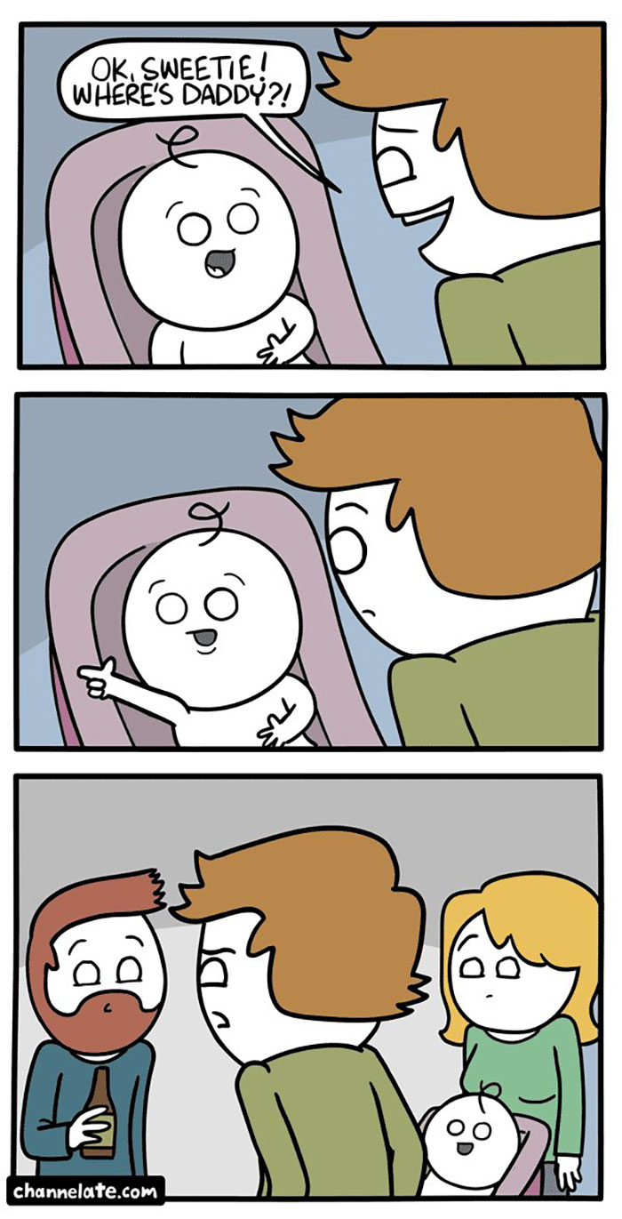 Comic panels from funny and dark comics showing a baby unexpectedly pointing while asking about daddy in a family setting.