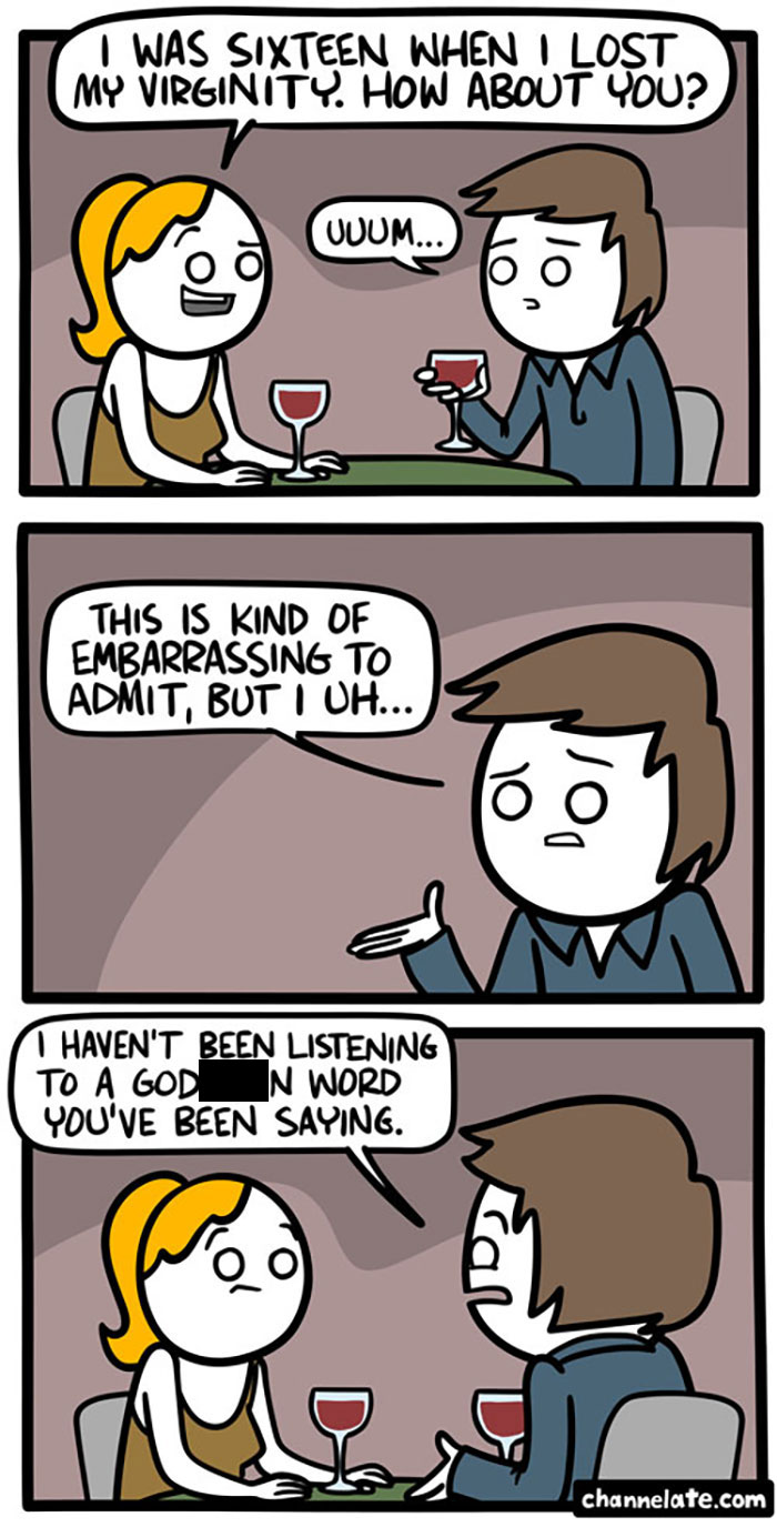 Two people awkwardly talking over wine in a funny and dark comic with an unexpected ending by Ryan Hudson.