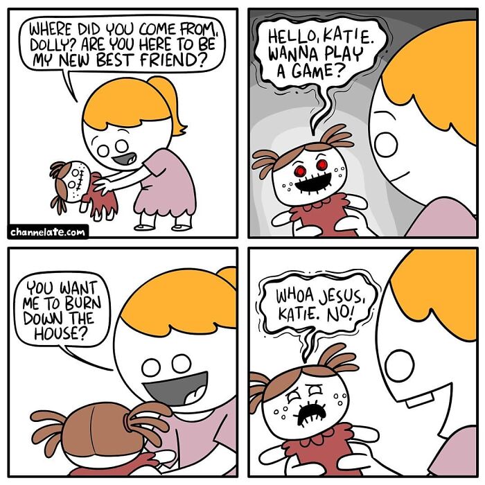 Funny and dark comic panels featuring a girl and a creepy doll with an unexpected twist conversation.