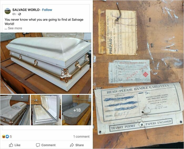 White coffin with gold accents and old shipping labels, a Halloween fail showing unsettling funeral decor mishaps.