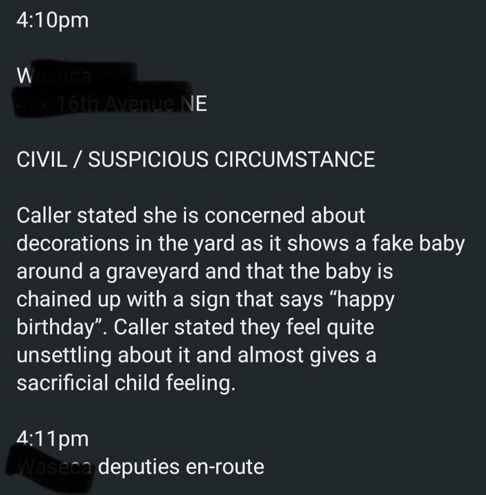Police report about Halloween decorations causing concern with fake baby and unsettling yard display, a Halloween fail incident.